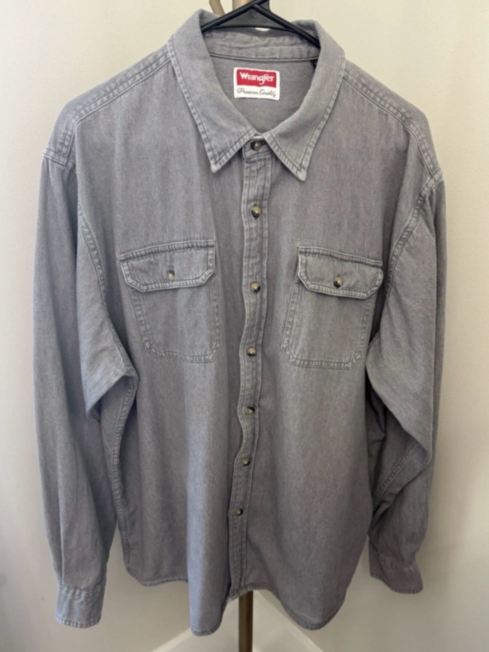 Men’s Wrangler Long Sleeve Button Down Gray Denim Shirt Cowboy Blue Collar Sz XL